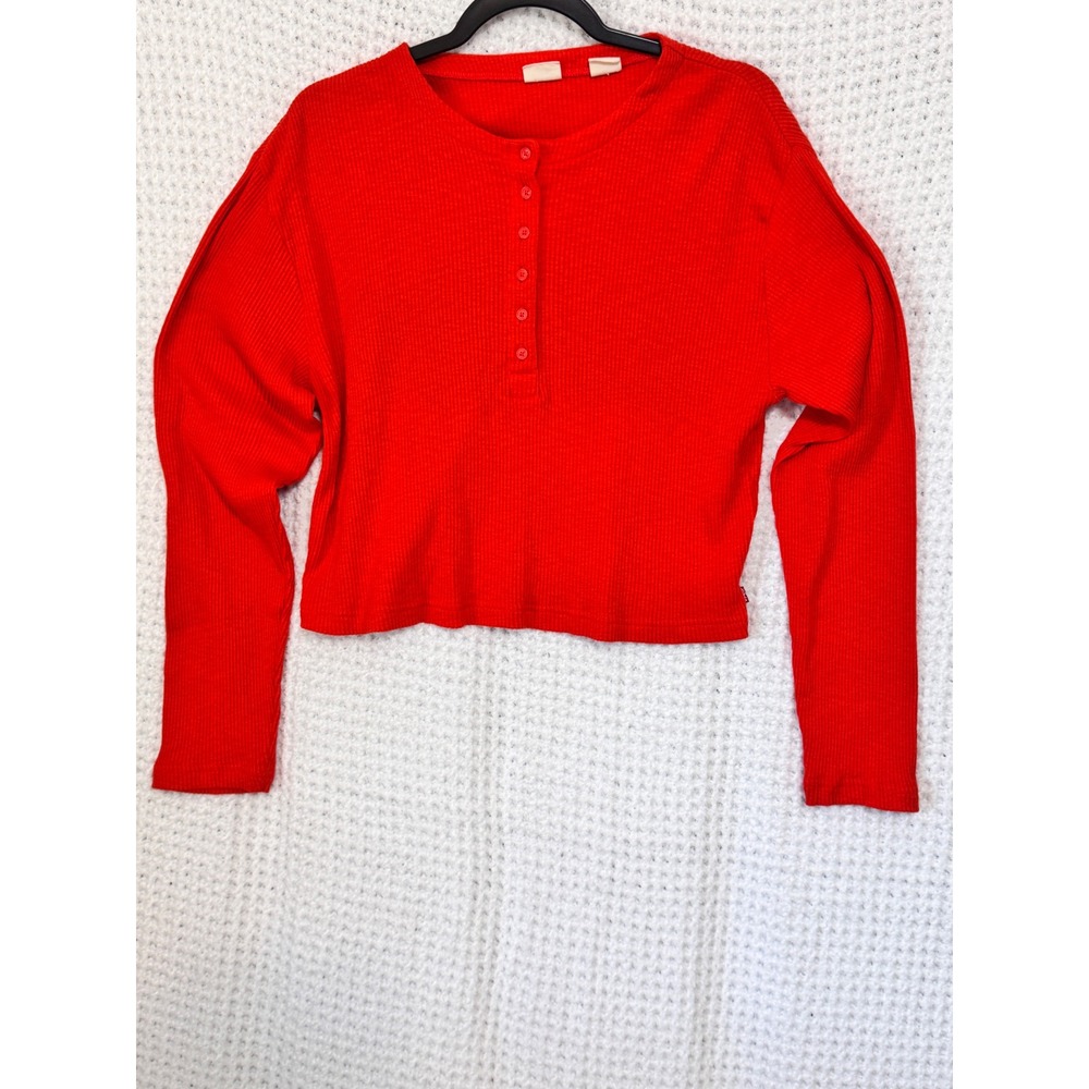 Levis Ribbed Knit Cropped Top‎ Henley Long Sleeve Red Womens Size M